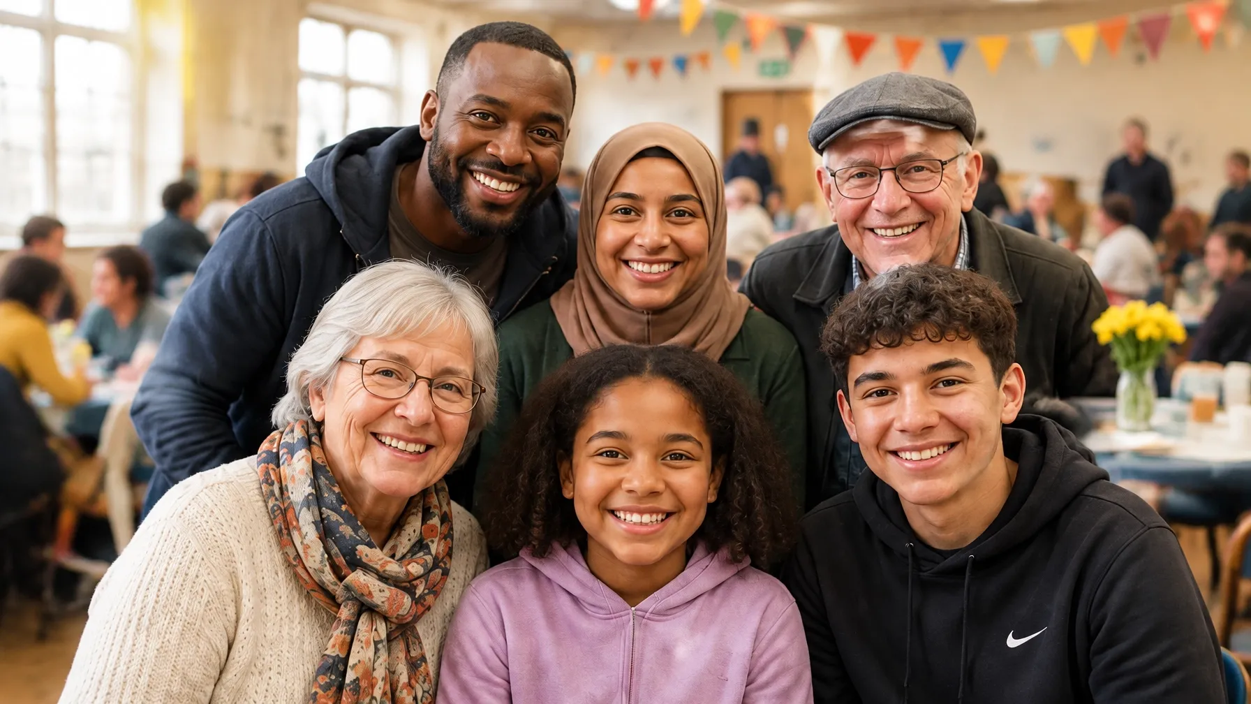 A group of neighbours smiling together at a community gathering